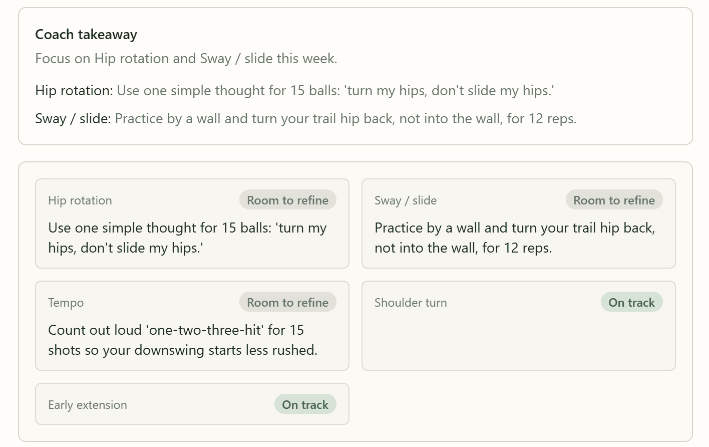 Swing analyzer showing clear session feedback
