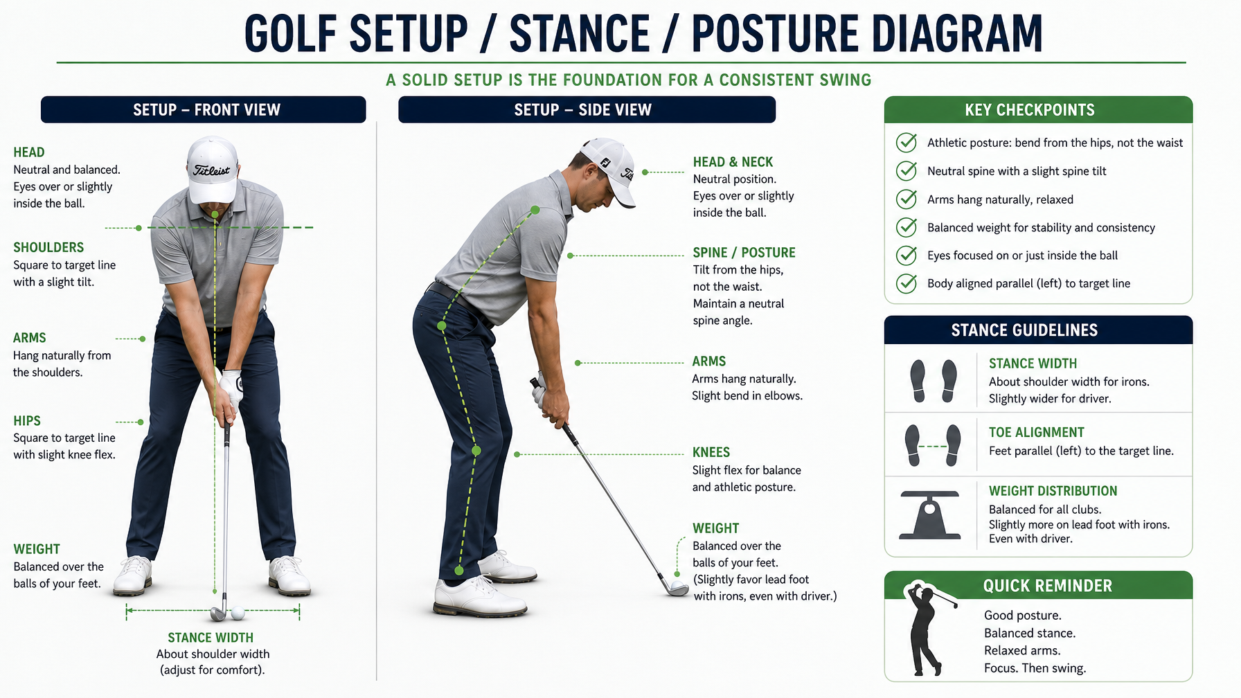 Setup and stance diagram showing ball position and alignment
