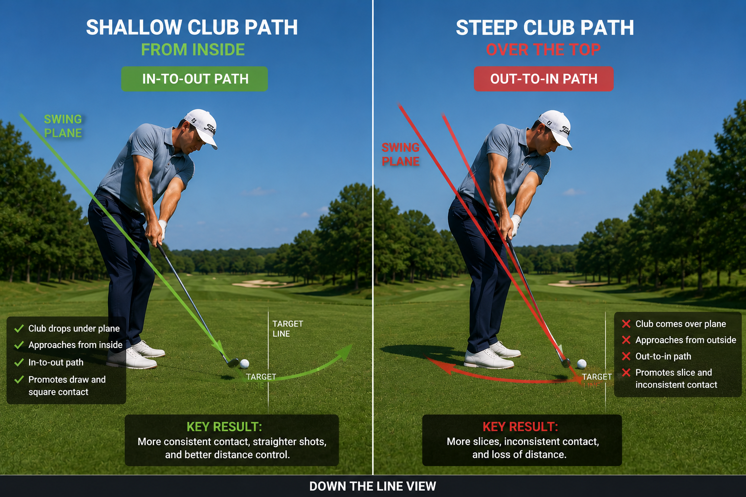 Illustration of a steep golf swing vs a shallow golf swing